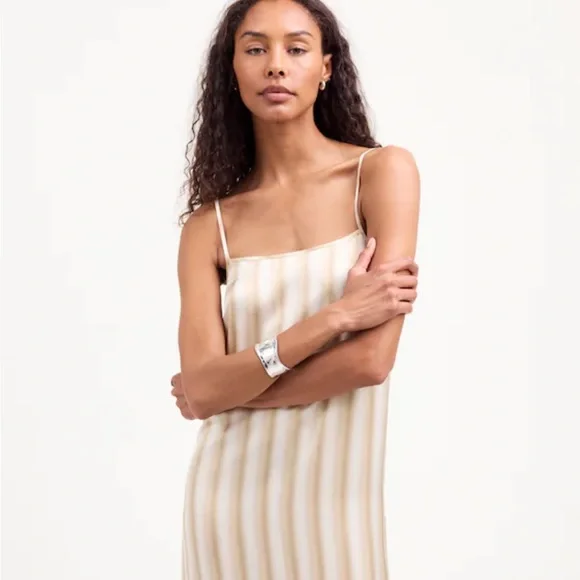 Madewell Midi Slip Dress in Stripe Silk Color Faded Khaki Size 12 *mark - Picture 2 of 13